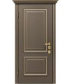 Дверь входная в квартиру Cerber 28 - Багетная МДФ панель, цвет Ral 7006 с золочением. Наличники фигурные и капитель Luce с золочением, с зарезкой под петли.